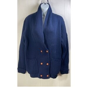 Old money vtg Sport Navy Blue Ribbed Double Breasted Shawl Collar Sweater S